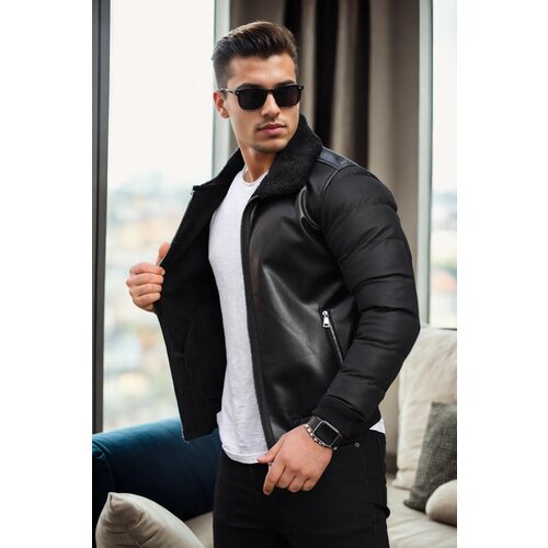 Dewberry 16456 faux fur inside slim fit mens winter coat-black-black Slike