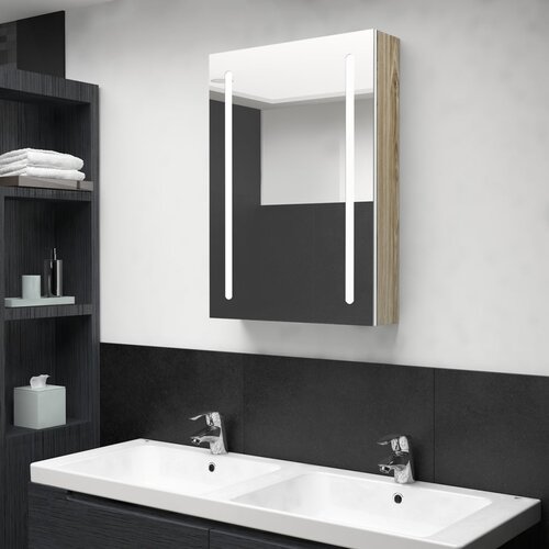 VidaXL LED kopalni&amp;scaron;ka omarica z ogledalom bela in hrast 50x13x70 cm Slike