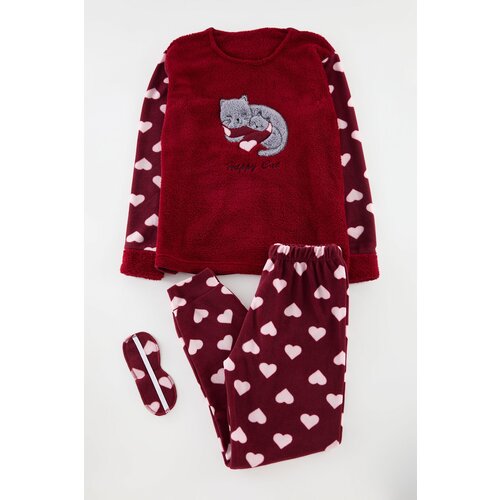 Trendyol Burgundy Heart Polar Fleece Knitted Pajama Set Cene