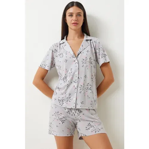 Happiness İstanbul Women's Gray Patterned Viscose Shorts Shirt Pajama Set