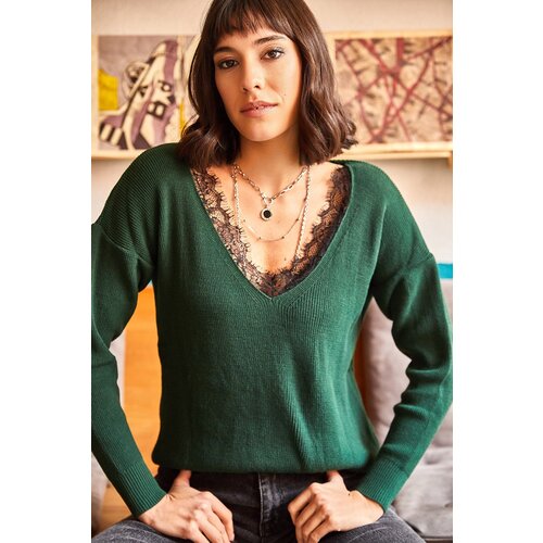 Olalook Women's Emerald Green Collar Lace Knitwear Blouse Slike