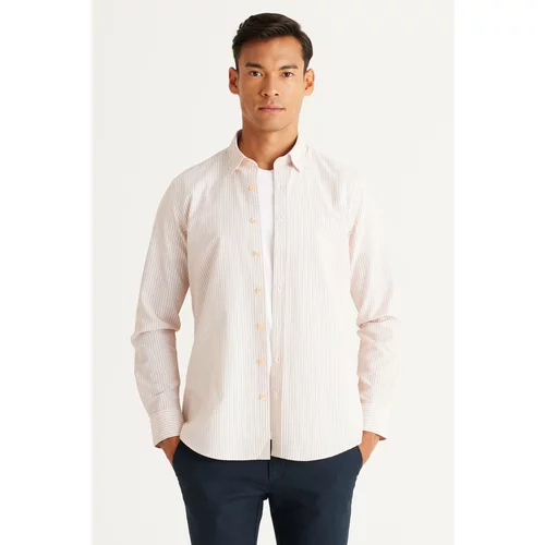 ALTINYILDIZ CLASSICS Men's White-Orange Slim Fit Slim Fit Hidden Button Collar Cotton Striped Shirt
