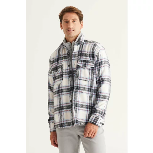 AC&Co / Altınyıldız Classics Men's Ecru Blue Oversize Wide Cut Buttoned Collar Pocket Checkered Lumberjack Winter Shirt Jacket