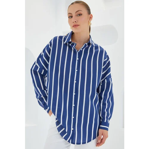 Bigdart Women's Navy Blue White Striped Oversize Basic Shirt 20254