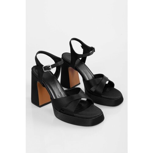 Shoeberry Women's Dale Black Satin Platform Heeled Shoes Slike