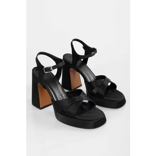 Shoeberry Women's Dale Black Satin Platform Heeled Shoes