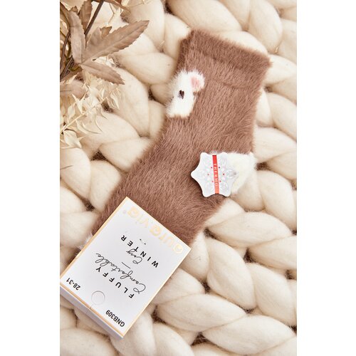 Kesi Children's fur socks with teddy bear, brown Cene