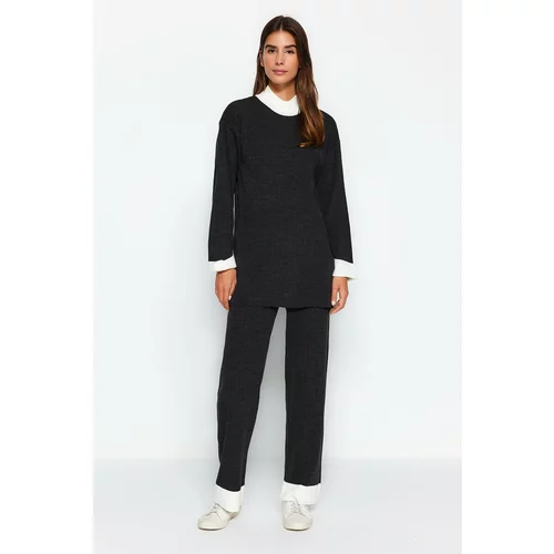Trendyol Anthracite High Neck Color Block Ribbed Sweater-Pants Knitwear Suit