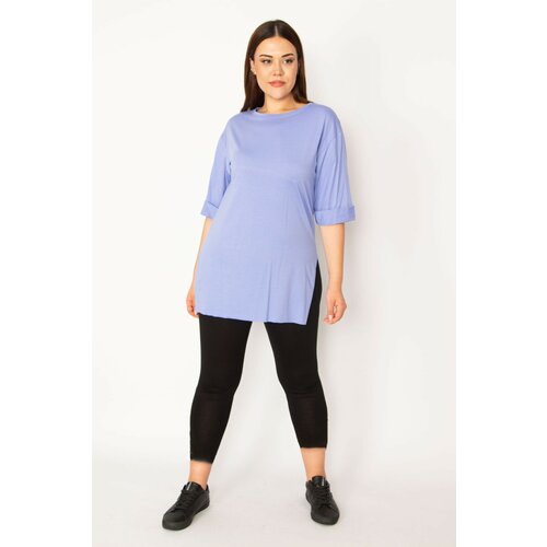 Şans Women's Plus Size Lilac Double Sleeve Side Slit Blouse Slike