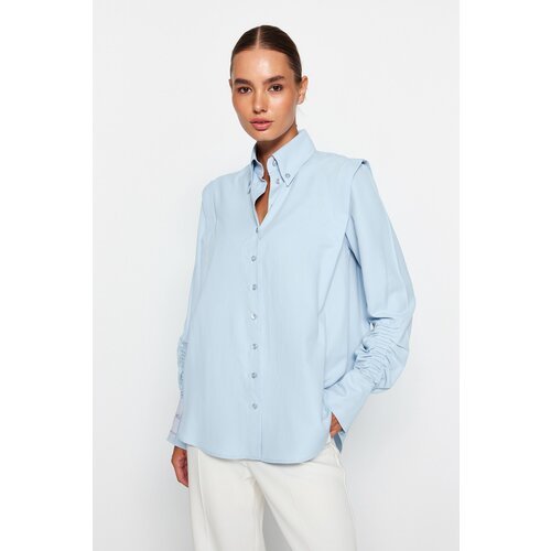 Trendyol X Sagaza Studio Light Blue Ruffle Detailed Poplin Shirt Slike