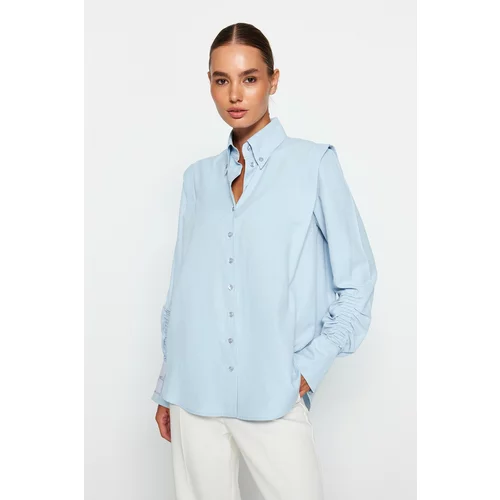 Trendyol X Sagaza Studio Light Blue Ruffle Detailed Poplin Shirt