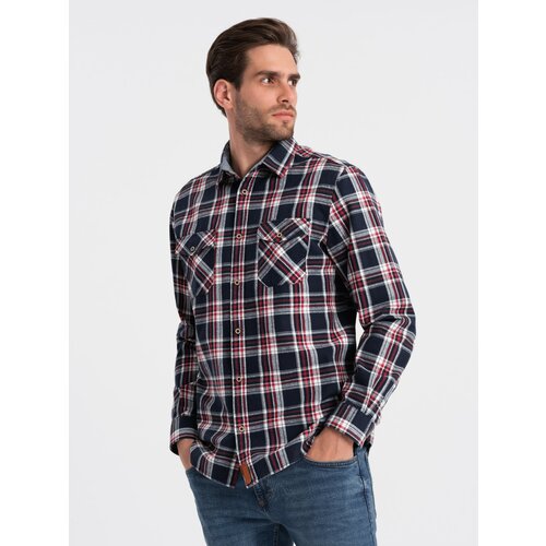 Ombre Men's flannel shirt with buttoned pockets - red and navy blue OM-SHCS Slike