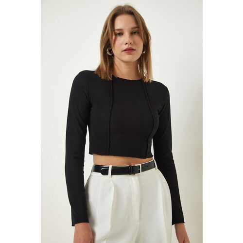 Happiness İstanbul Black Ribbed Ribbed Crop Blouse Slike