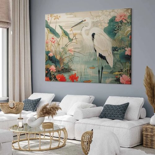  XXL slika - By an Asian pond - an illustration in the style of a Japanese engraving depicting a heron 130x87 Slike