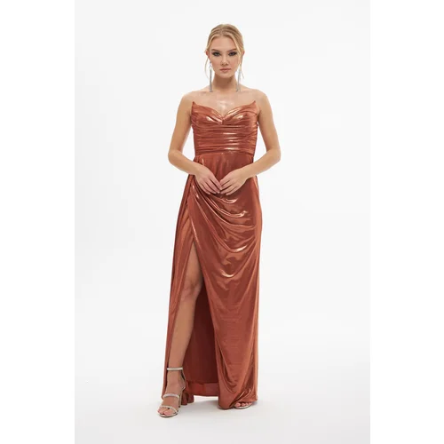 Carmen Copper Shiny Knitted Strapless Long Evening Dress