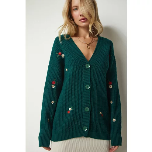 Happiness İstanbul Women's Emerald Green Floral Embroidered Button Knitwear Cardigan