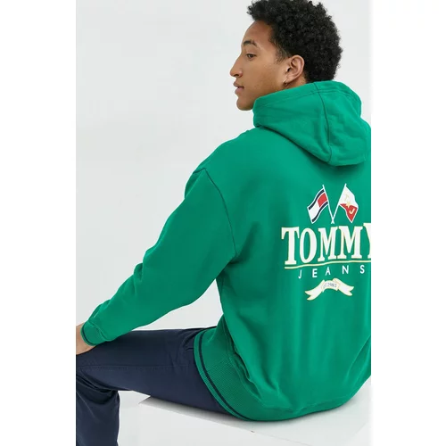 Tommy Jeans Bombažen pulover moška, zelena barva, s kapuco