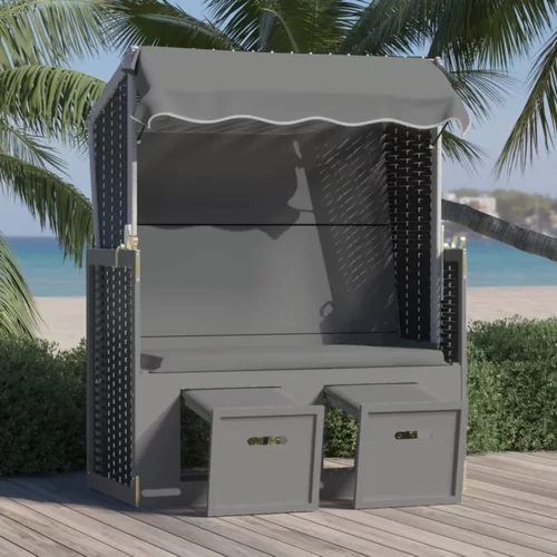 vidaXL stol za na plažo s streho poli ratan in trden les antracit/črn