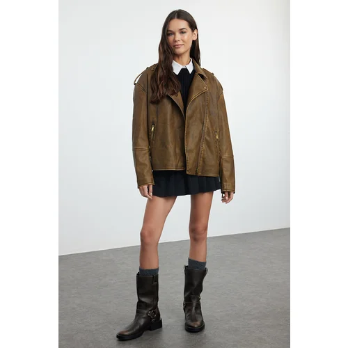 Trendyol Brown Oversize Washed Effect Faux Leather Biker Jacket Coat