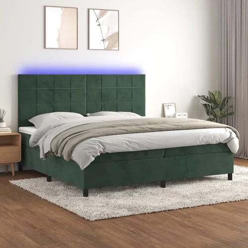 vidaXL Box spring postelja z vzmetnico LED tem. zelena 200x200cm žamet