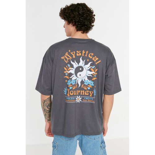 Trendyol Anthracite Men&amp;#039;s Oversize Fit Crew Neck Short Sleeve Printed T-Shirt Slike
