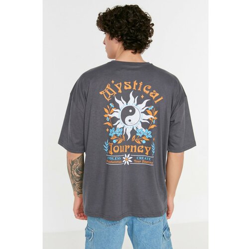 Trendyol Anthracite Men's Oversize Fit Crew Neck Short Sleeved Printed T-Shirt Cene