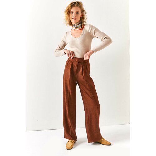 Olalook Women's Brown High Waist Winter Pants with Velcro Waist Cene