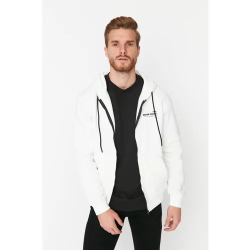 Trendyol White Men Regular Fit Hooded Slogan Printed Sweatshirt-Cardigan