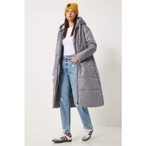 Happiness İstanbul Women&amp;#039;s Gray Hooded Long Puffer Coat Slike