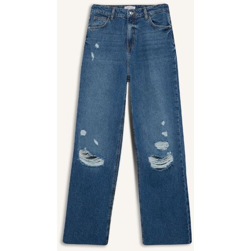 Defacto 90's Wide Leg Ripped Detail High Waist Long Jean Washed Trousers Slike