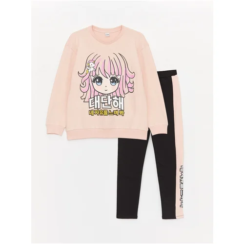 LC Waikiki Girls' Crew Neck Long Sleeve Printed Sweatshirt and Leggings Trousers