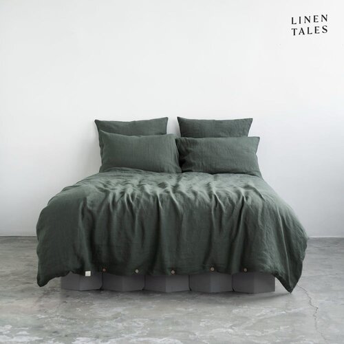 Linen Tales Temno zelena lanena posteljnina za zakonsko posteljo 200x200 cm – Linen Tales Cene