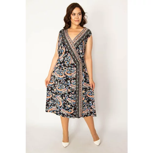 Şans Women's Large Size Colorful Shawl Pattern Closed Wrap Dress