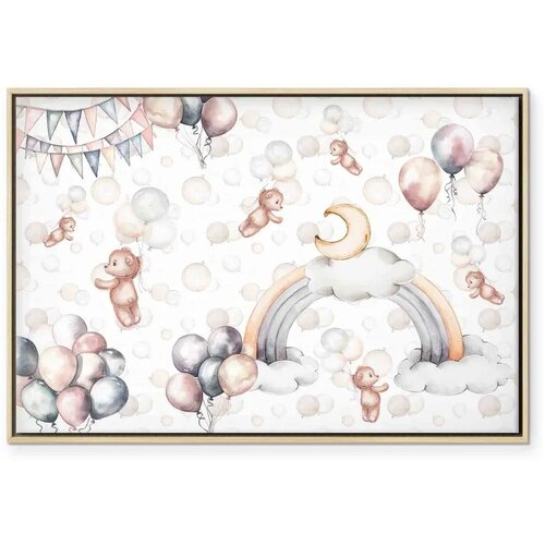  Slika - Toy Bears with Balloons - Flying Plush Bears Among Balloons Clouds and Rainbows in Subtle Pastel Hues 90x60 U prirodnom Slike