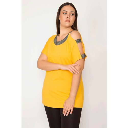 Şans Women's Plus Size Yellow One Shoulder And Collar Silvery Detailed Blouse Slike
