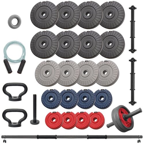 IRON SPORT set 88kg tegova/ 2+1 šipka / ručka za zvono/ točak za trbušnjake/ guma za šaku i vijača Cene