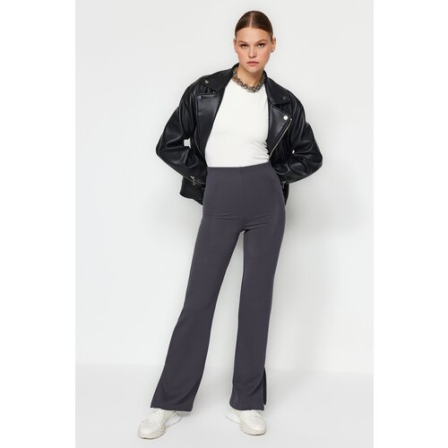 Trendyol Anthracite Slits in the Sides Flare/Flare-Flare High Waist Knitted Trousers Slike