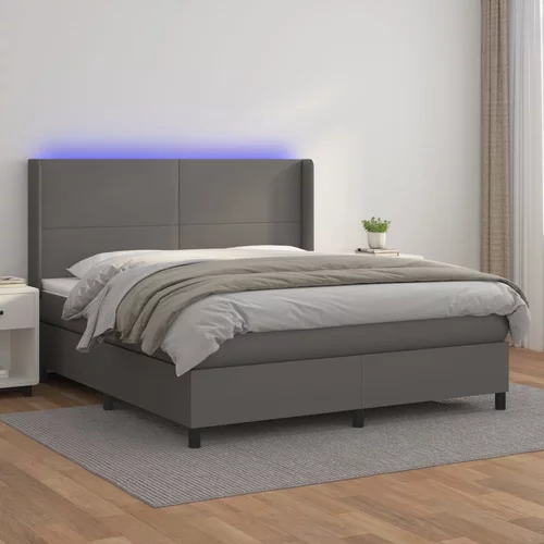 vidaXL Box spring postelja z vzmetnico LED siva 160x200cm umetno usnje