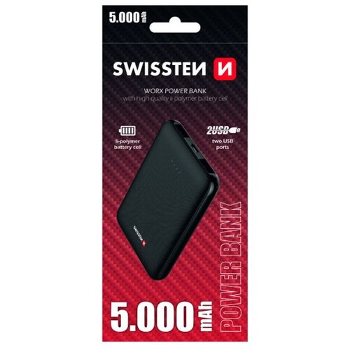 Swissten Dodatna baterija - Power Bank WORKS 5000mAh, 2*USB, crni Slike