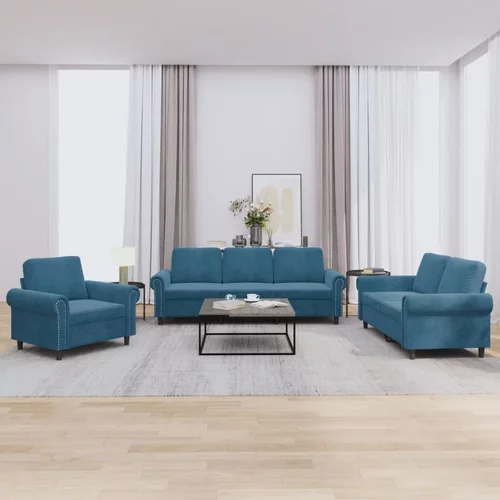  3-dijelni set sofa s jastucima plavi baršunasti