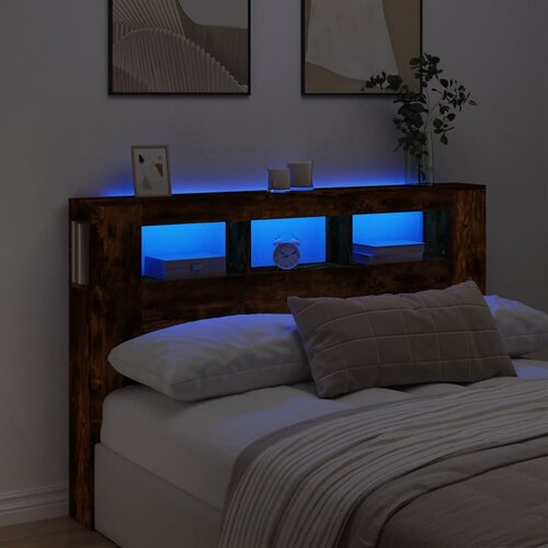 vidaXL LED posteljno vzglavje dimljen hrast 160x18,5x103,5 cm inž. les Cene