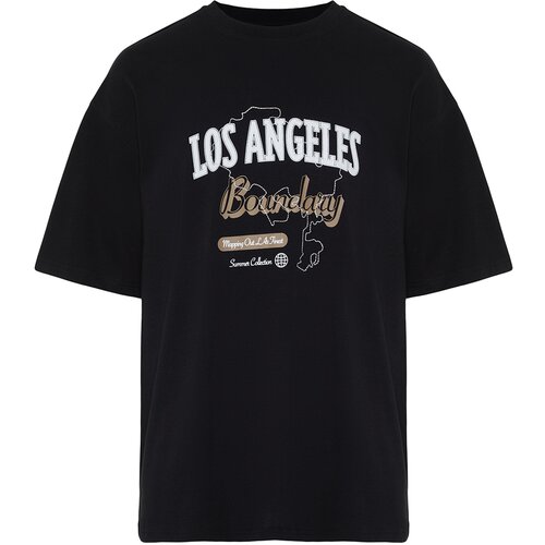 Trendyol Men's Black Oversize City Printed Embroidery 100% Cotton T-Shirt Slike
