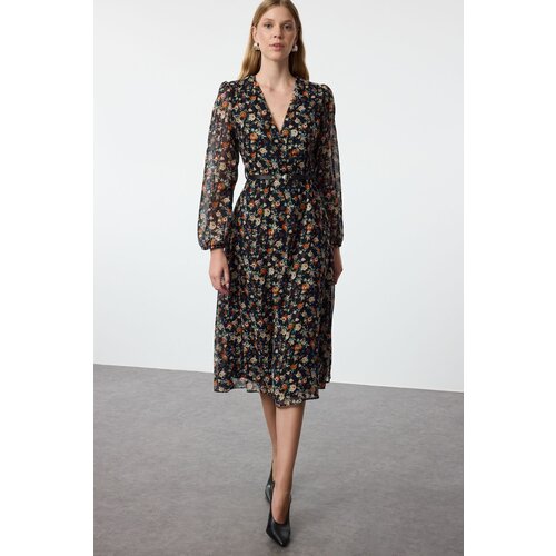 Trendyol Black Floral Belted A-Line Midi Double Breasted Collar Patterned Chiffon Woven Dress Cene