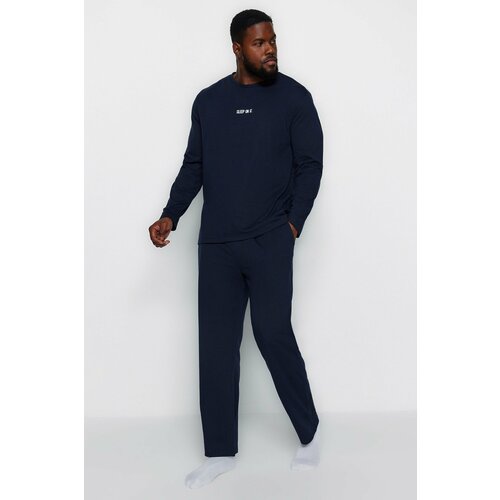 Trendyol Plus Size Pajama Set - Dark blue - Plain Slike