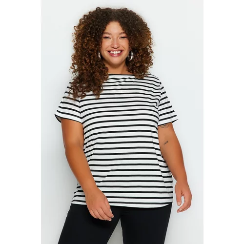 Trendyol Curve Black and White Striped Basic Knitted Boat Collar T-shirt