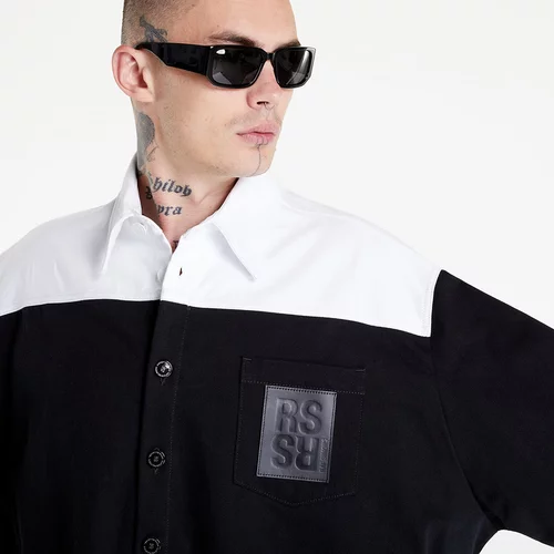 Raf Simons Oversized Bicolor Denim Shirt With R Pin In Back