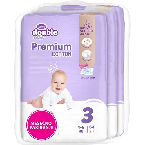 Violeta plenice Double Care Premium Cotton 3 Midi (4-9 kg), mesečno pakiranje, 192 kos 64 kos 100512 Slike