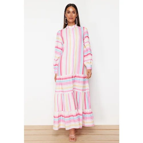 Trendyol Pink Striped Skirt Ruffled Linen Look Woven Dress