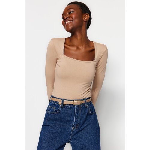 Trendyol Mink Cotton Stretchy Square Neckline Fitted/Sticky Blouse Cene
