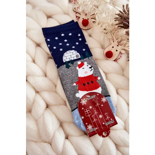 Kesi Women's Socks Christmas Patterns With Teddy Bear And Igloo Grey-Navy